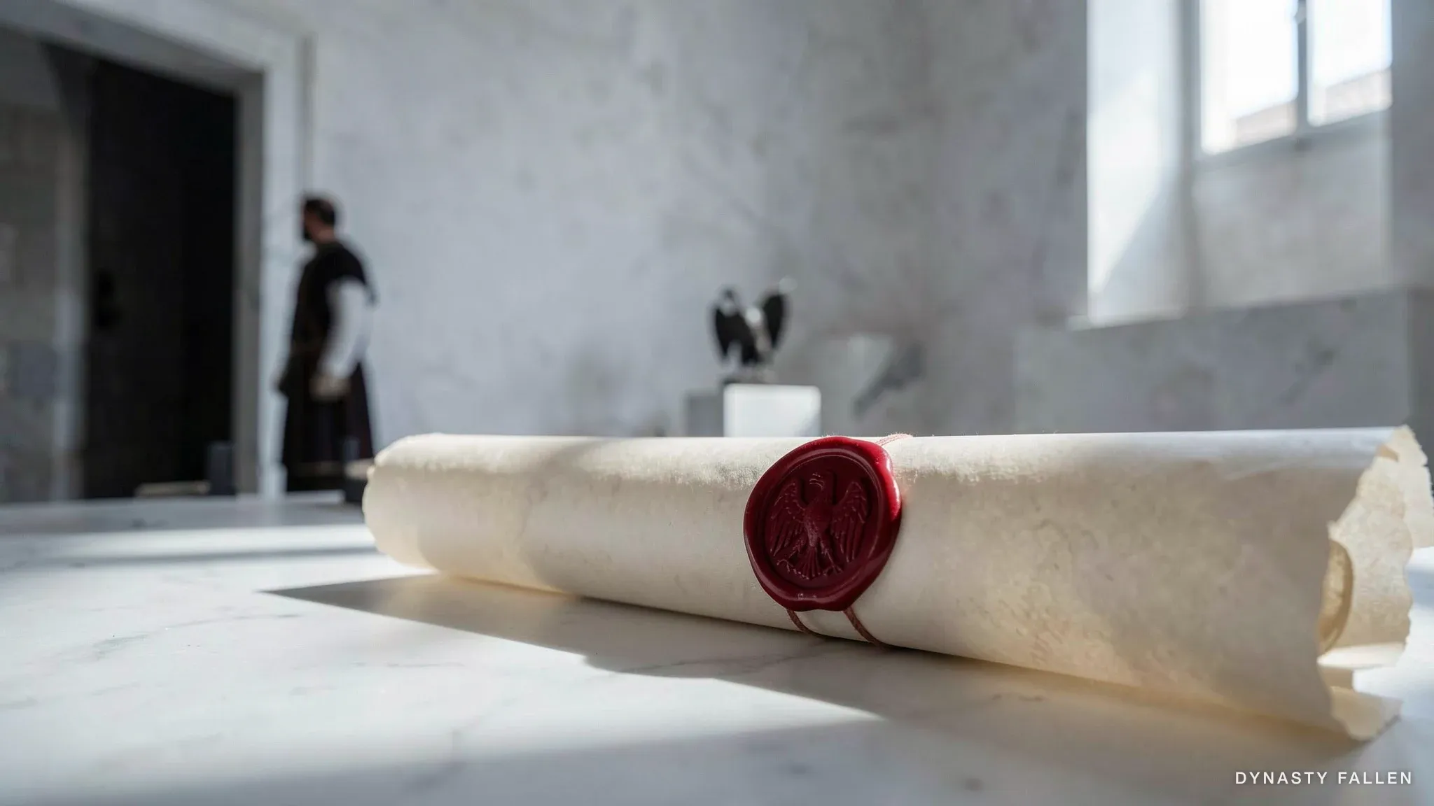 Extreme close-up of a rolled papyrus dispatch resting in the cold still chamber.