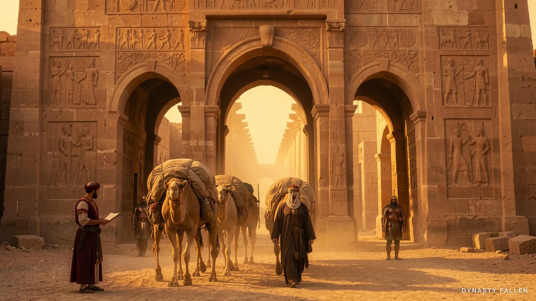 Wide shot from a low angle outside the City Gate — a caravan passing beneath the sandstone arch.