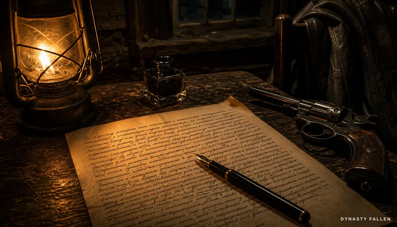 The 1918 confession page under an oil lantern, a fountain pen laid across it, a service revolver and a leather coat on the desk beside it.