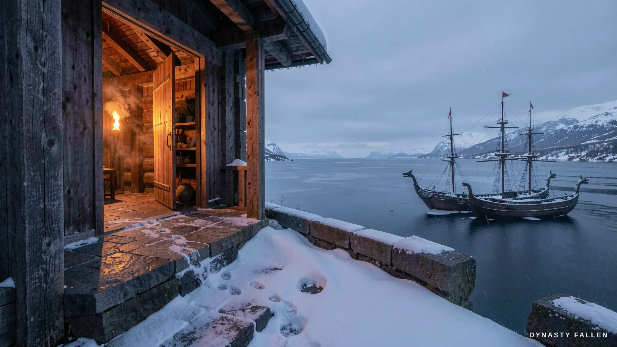The stone porch above the frozen fjord — establishing shot.