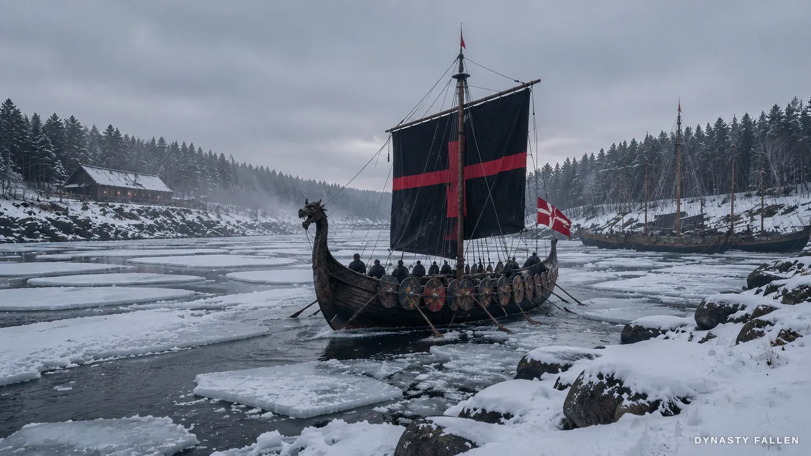 A black-sailed longship dominates the Frozen Fjord Harbor sk.