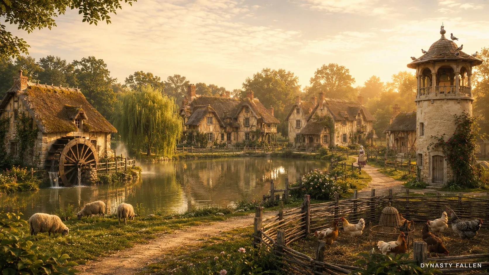 Establishing wide of the 1780s Hameau de la Reine, the Queen's thatched model farm at Versailles.