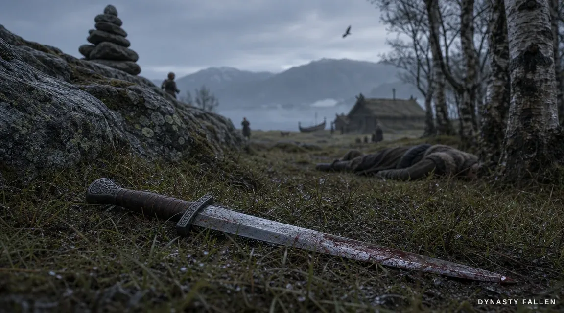 A close-up view of a 9th-century Norwegian long-bladed single-edged sword, bloodied.