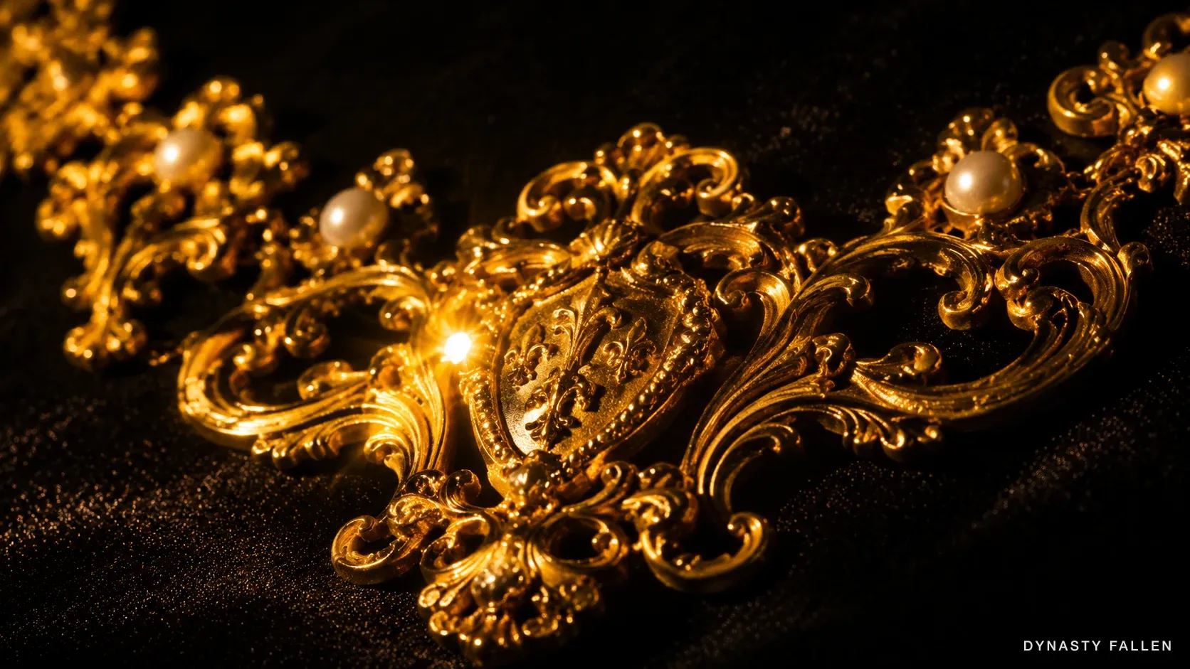 Macro of a heavy gold statement necklace on black velvet — the Diamond Necklace rendered in gold.