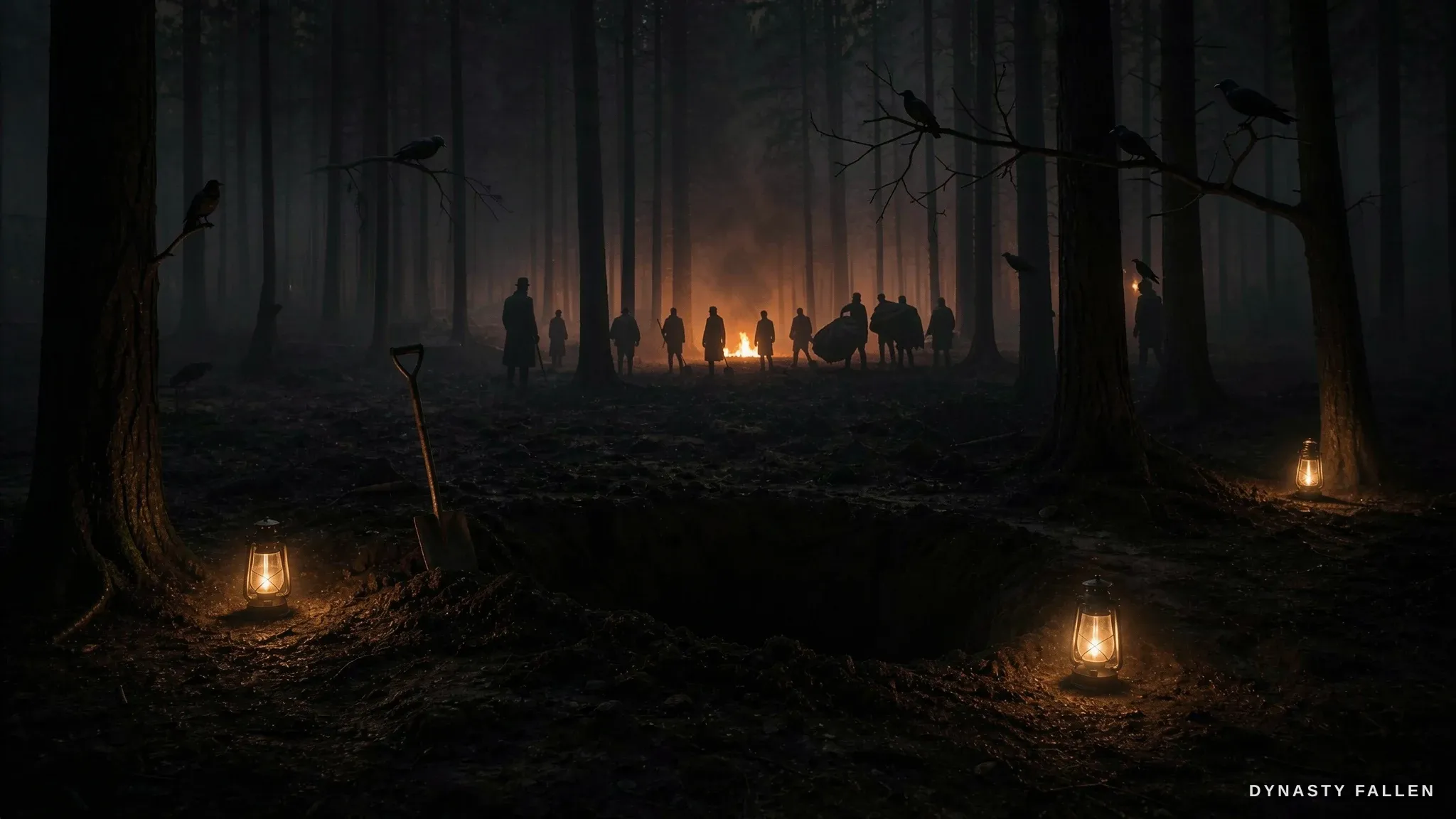 Distant oil-lantern lights moving slowly between the trees of the Koptyaki forest, July 1918.