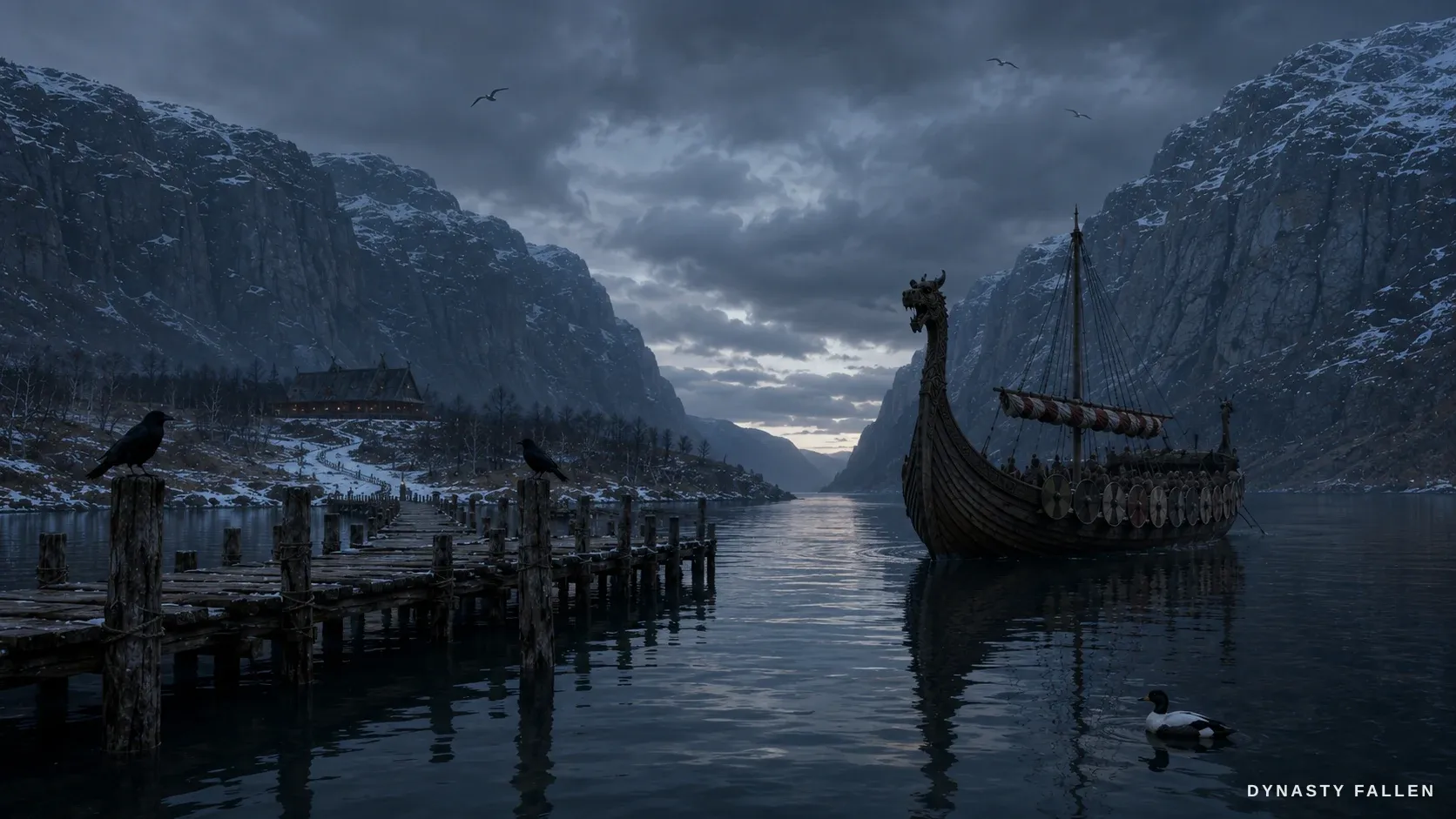 A sweeping vista of Norwegian Fjord Dusk dominates the frame.