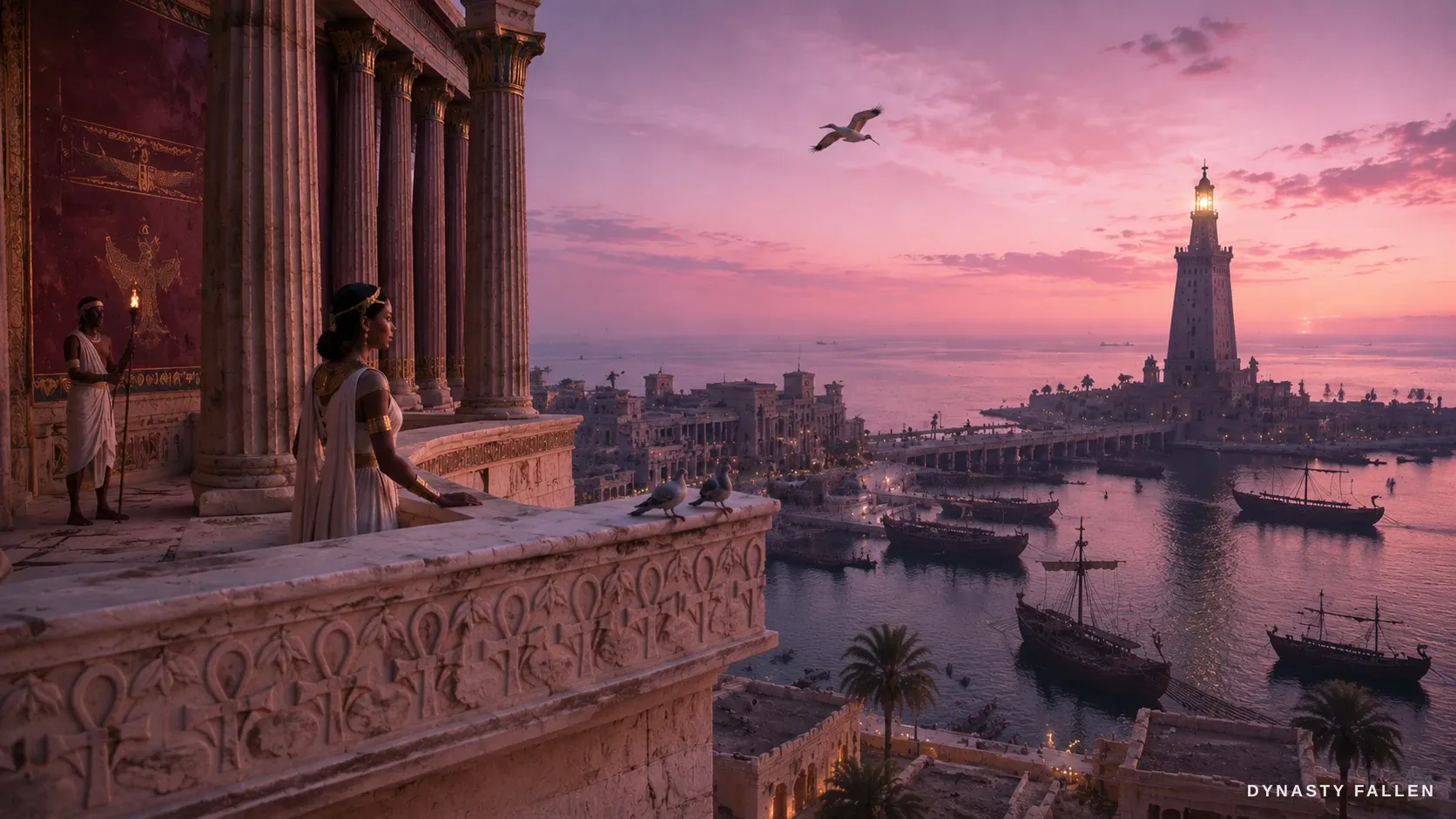 The palace balcony at Alexandria opening onto the Pharos and the harbour beyond.