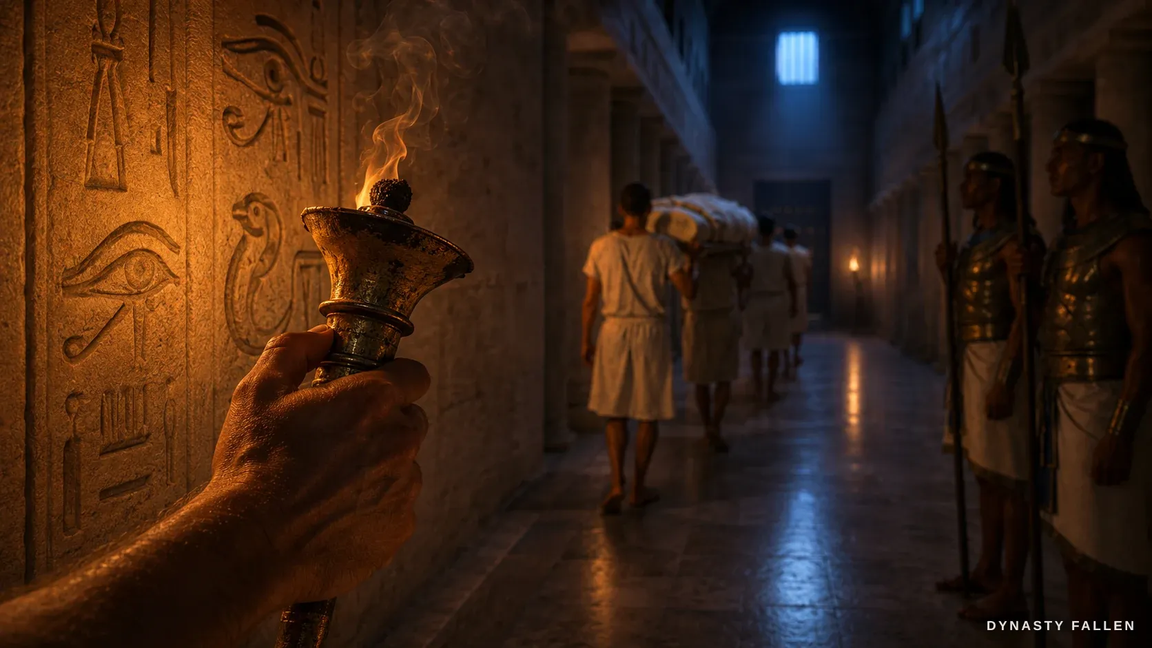 A torch-bracket on the wall of the palace side corridor at dusk, the flame guttering low.
