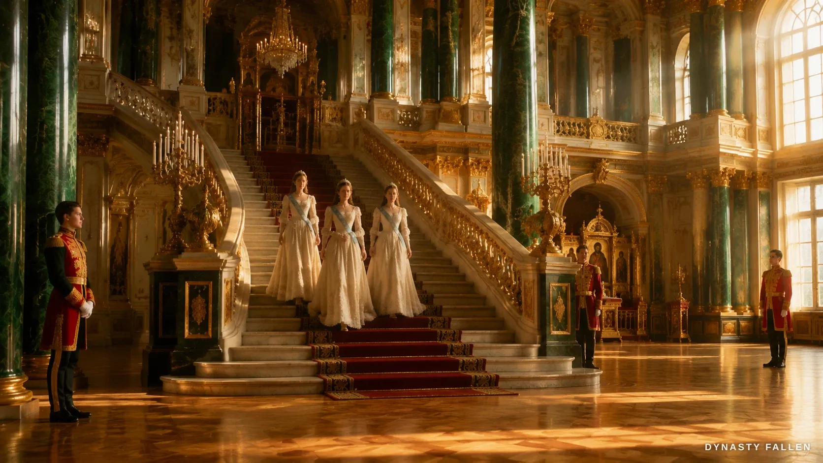 Three imperial sisters in white court dresses descend the grand gilt staircase of the Alexander Palace marble hall.