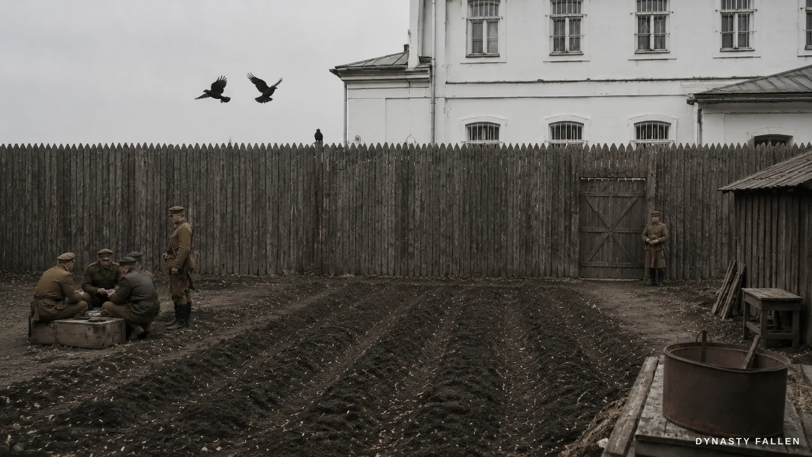 The back of the 1918 Ipatiev House behind a high timber palisade fence, its windows barred and whitewashed.