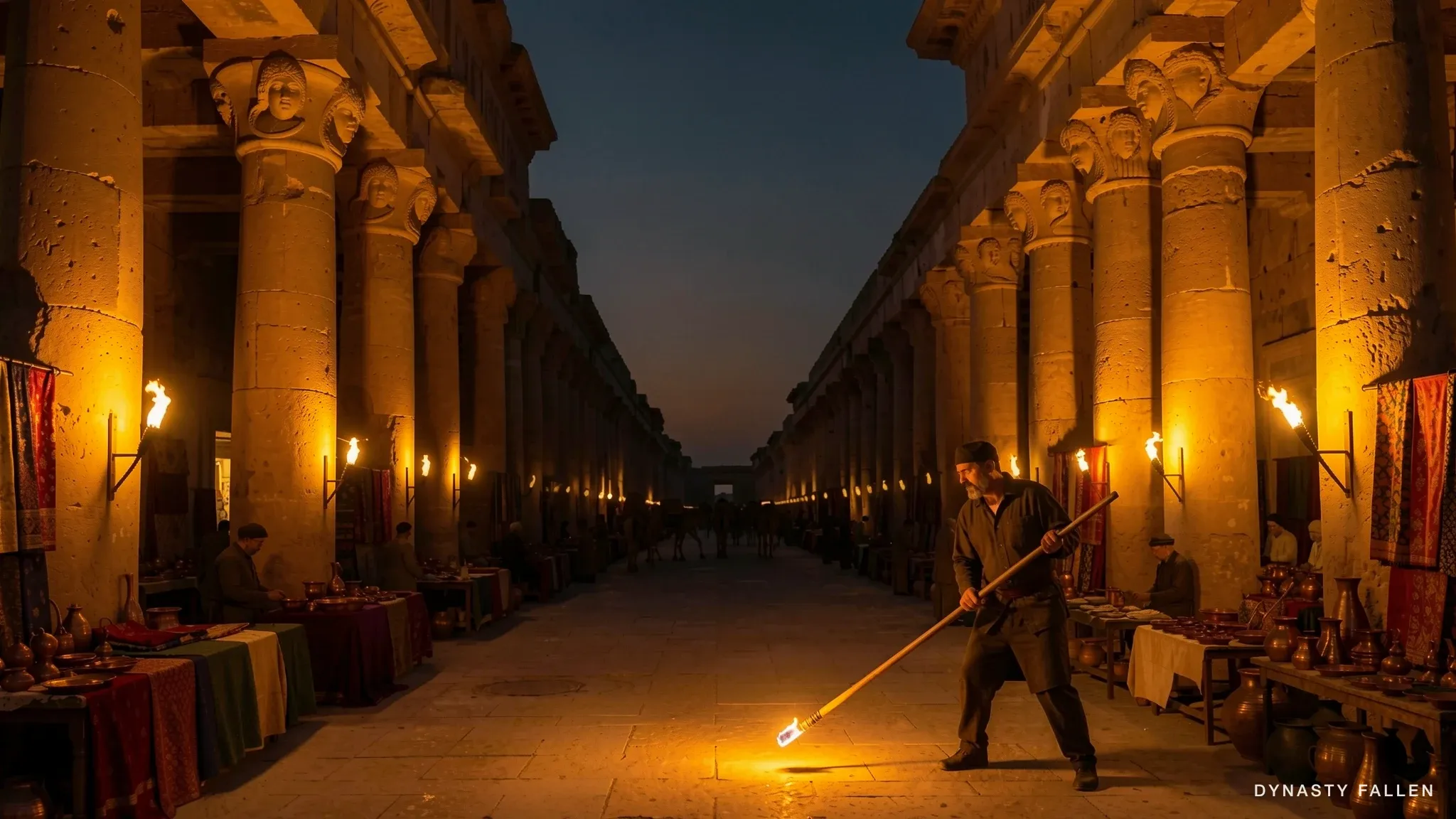 A wide view of the Great Colonnade at golden hour, a lamplighter lighting each lamp.