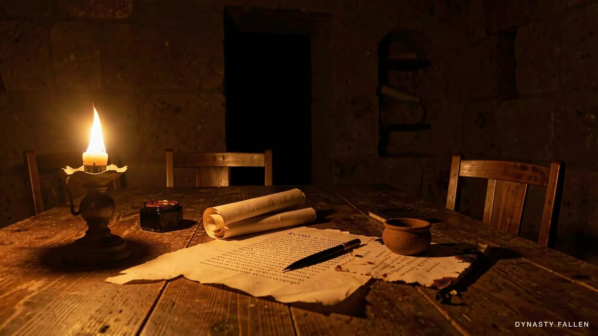 An ancient papyrus scroll on a wooden table in the dim library interior.