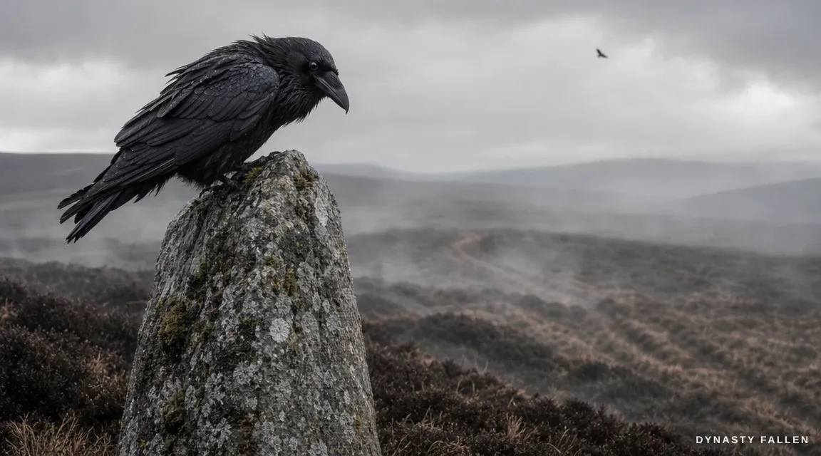 A massive Norse raven perches solemnly on the weathered surf.