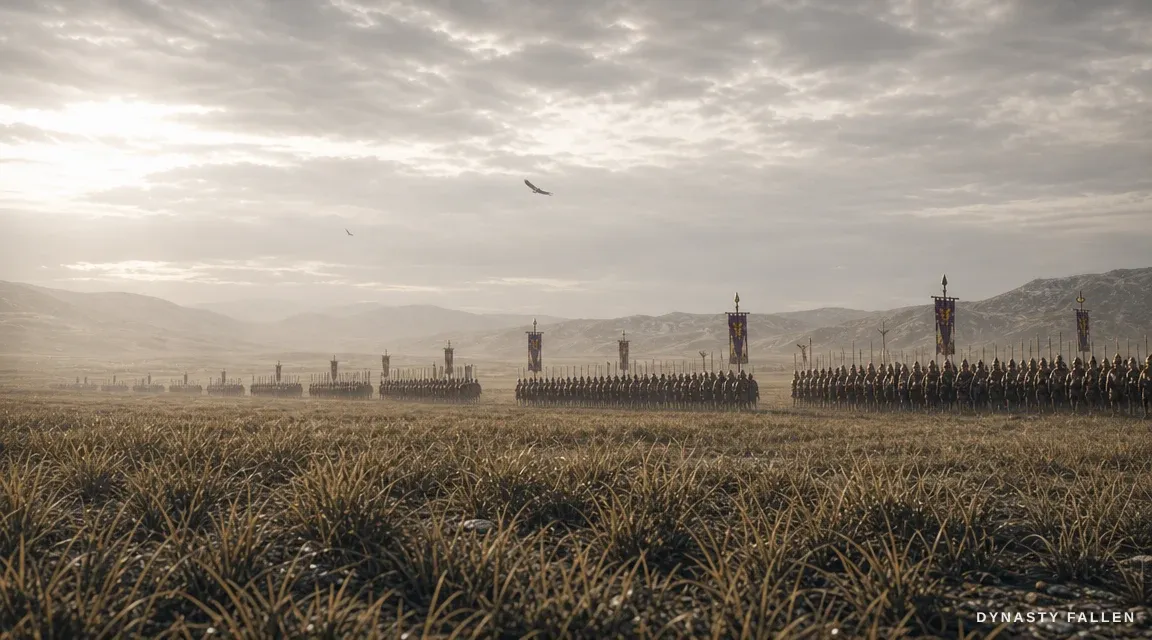 The Persian army's columns resolve out of the haze along the southern horizon at cold dawn.