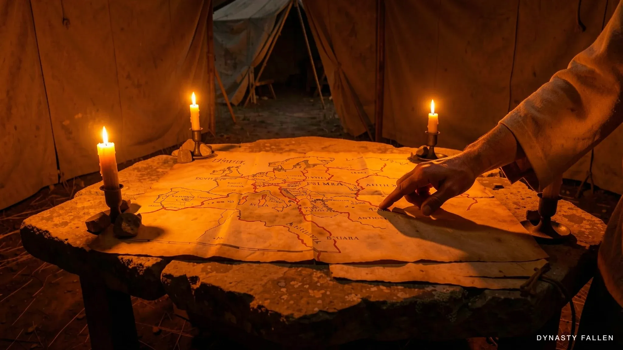A large papyrus map of the eastern empire spread on a stone table in the Roman camp.