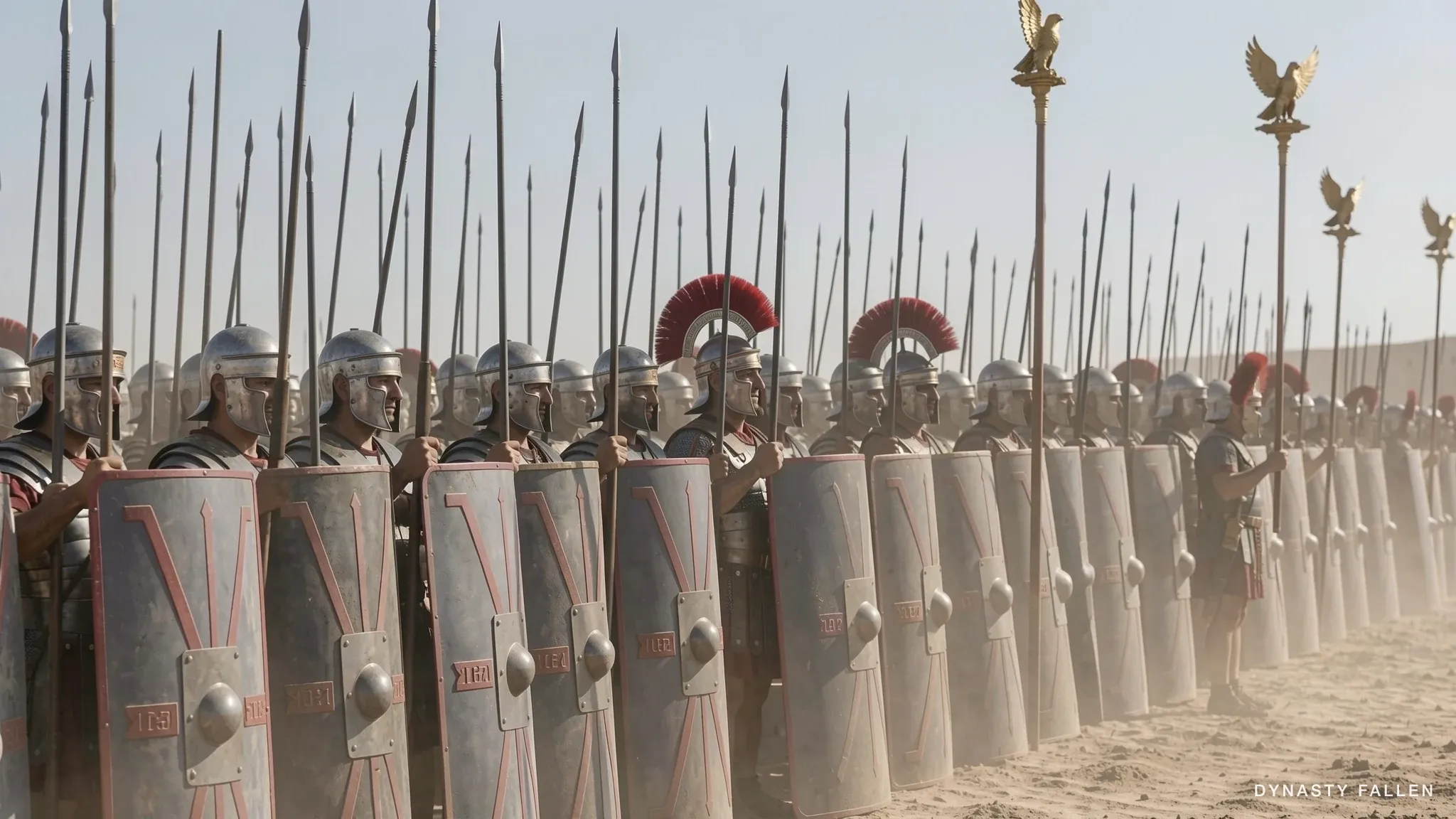The front ranks of the cold Roman line, iron and discipline.