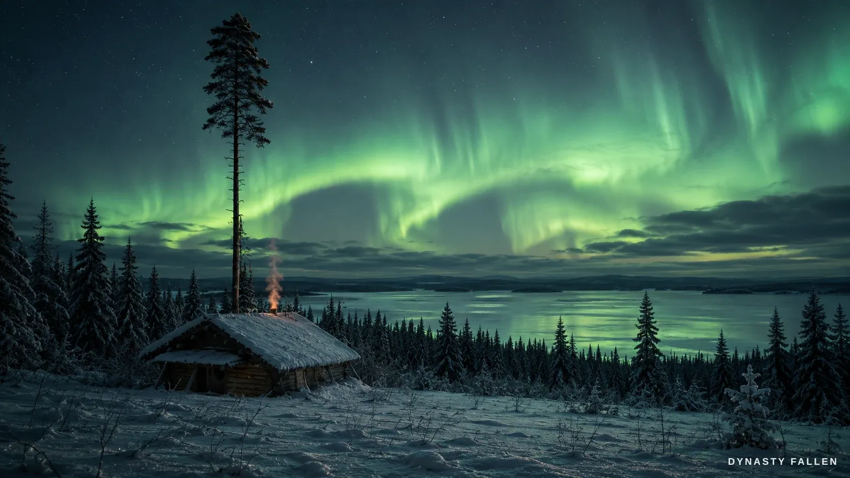 Under a deep night sky awash with shimmering aurora‑green ba.