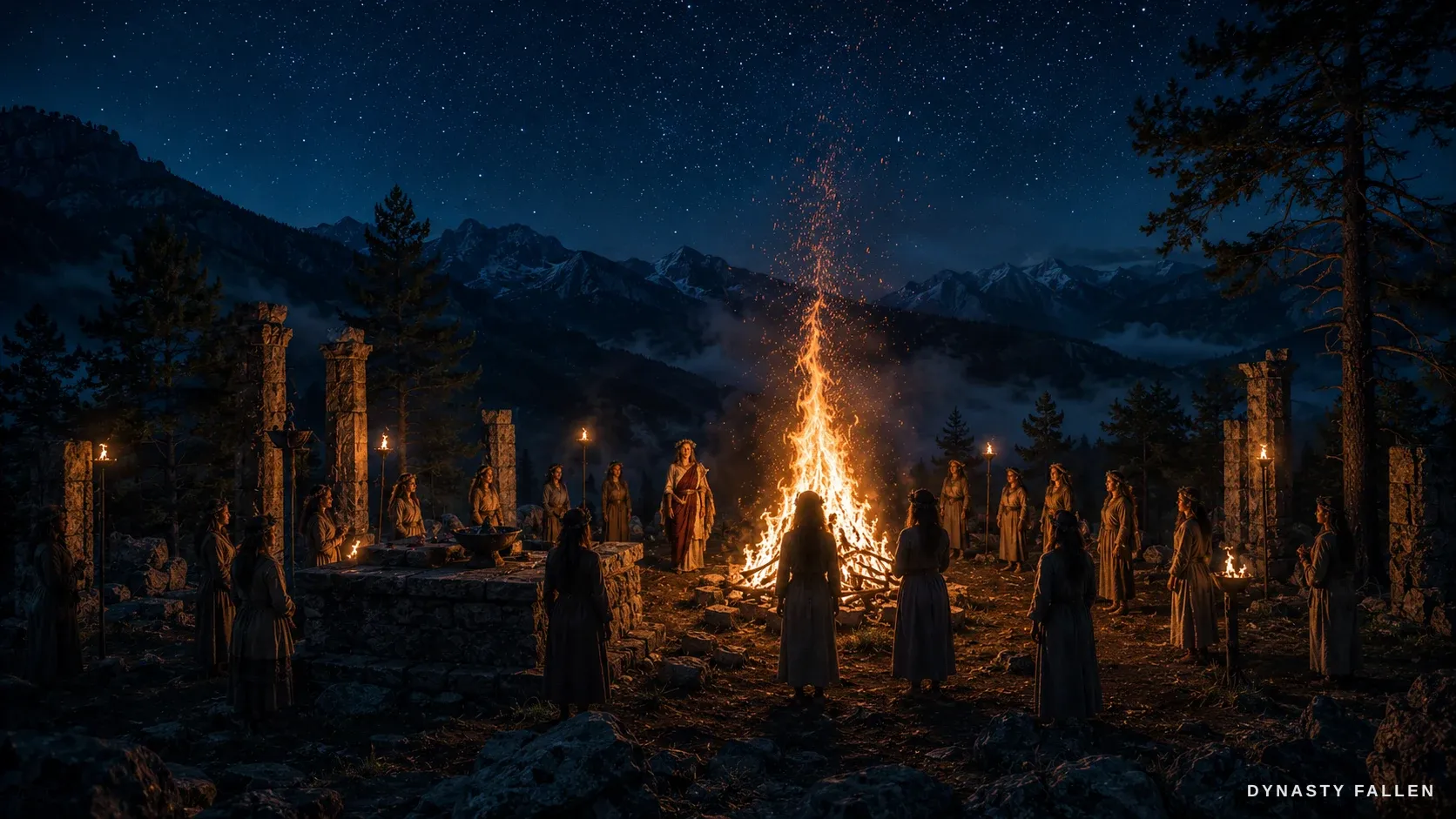 The Epirote mountain sanctuary at night — a bonfire on the pine-clad ridge, rough stone columns and an altar, a ring of torch-lit initiates, mist drifting under a cold blue star-field.