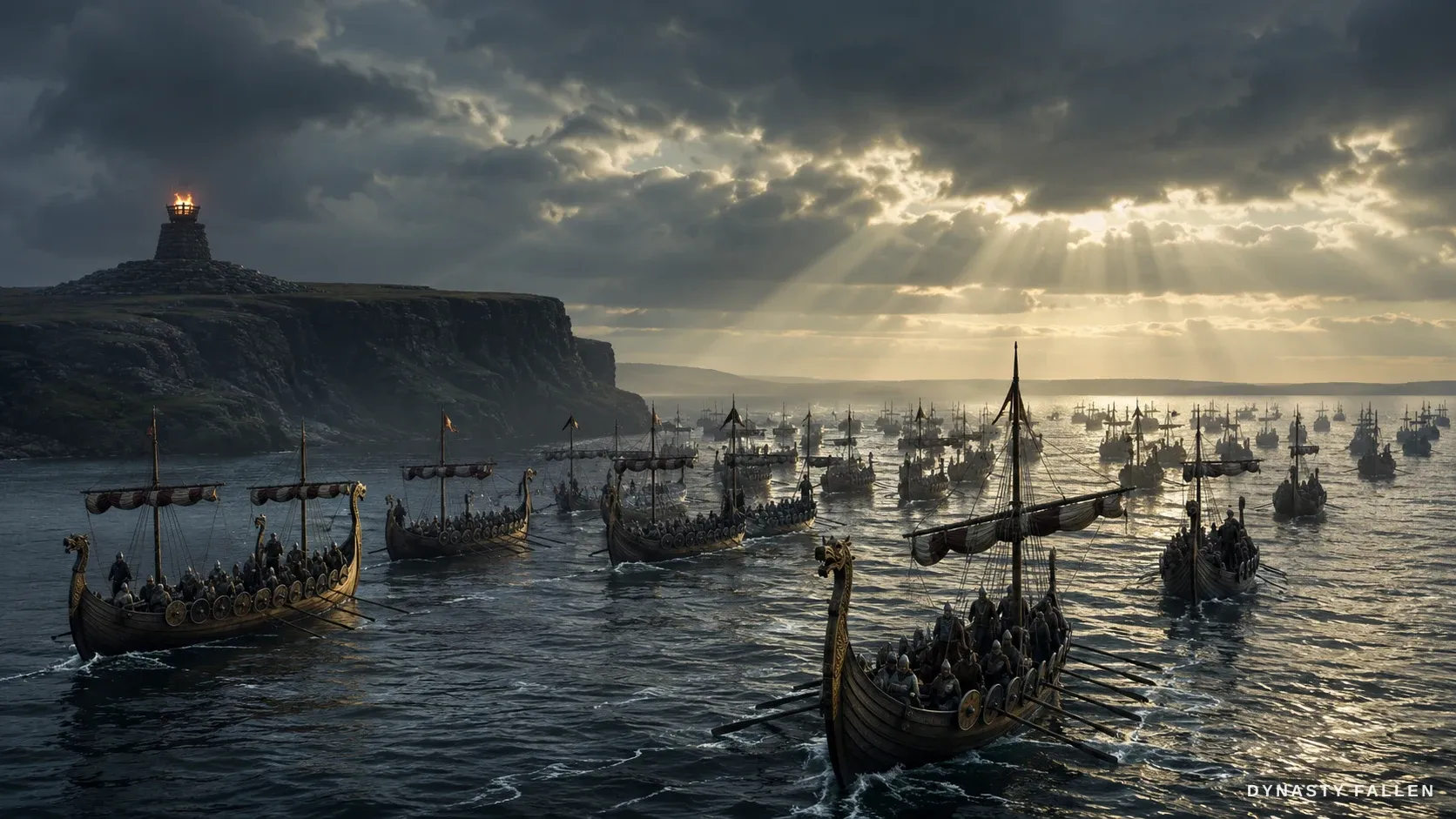 A sweeping vista of an eleventh-century Orkney sea-bay at dawn, the invasion fleet riding the grey water.