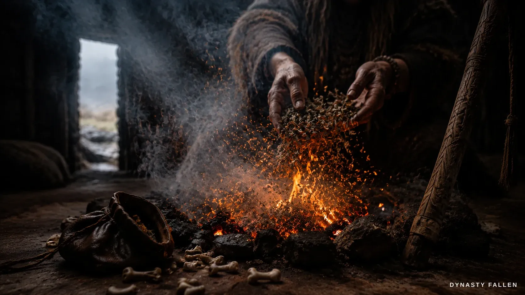 An Orkney völva's weathered hands fling herbs into the divination fire, the flames erupting upward in a burst of sparks.