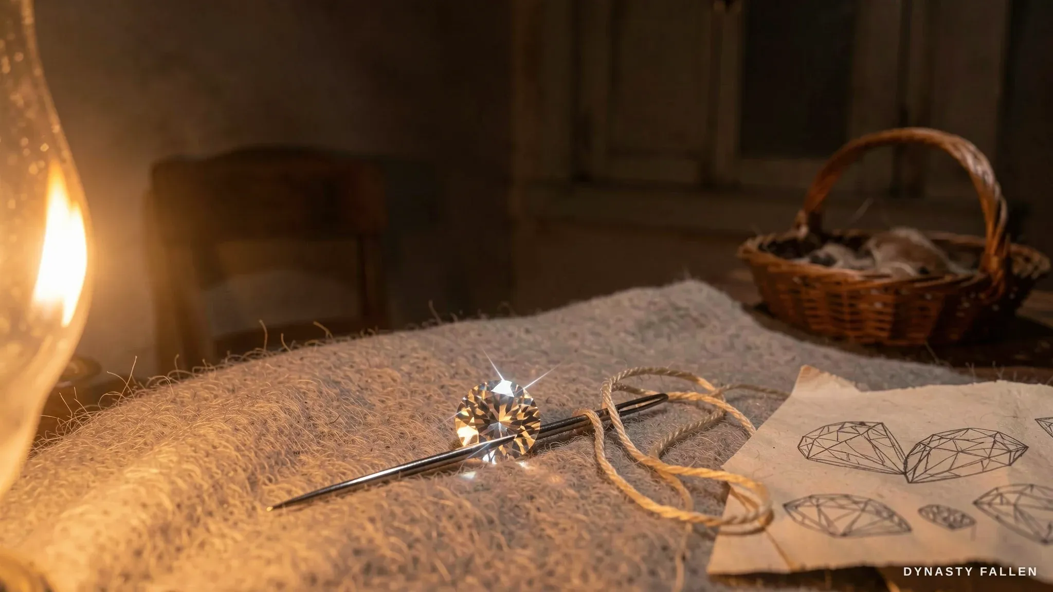 An extreme close-up of an uncut diamond and hidden jewels sewn into a bodice lining under lamplight.