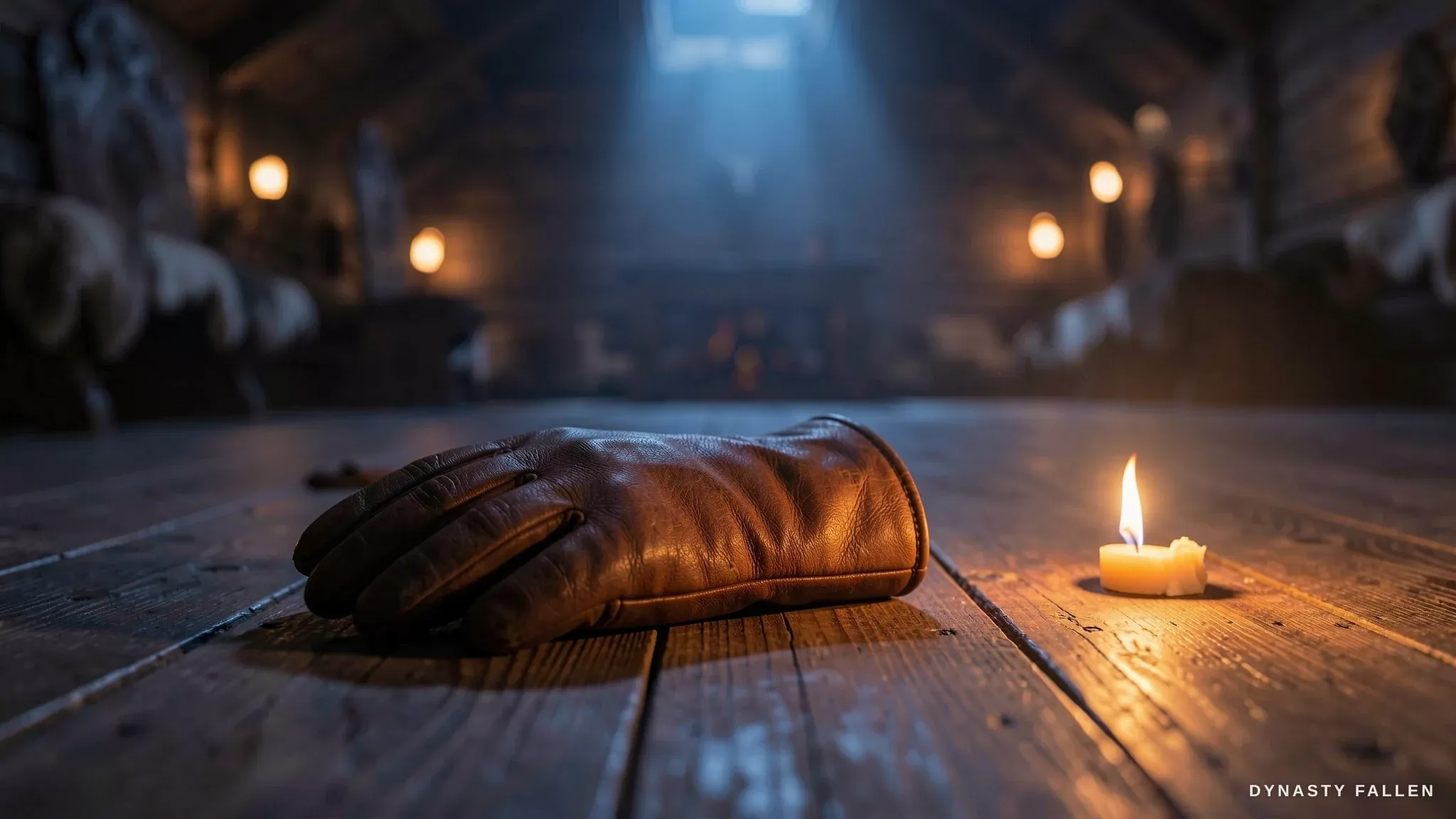 An extreme close‑up of Olaf's empty brown leather gauntlet l.