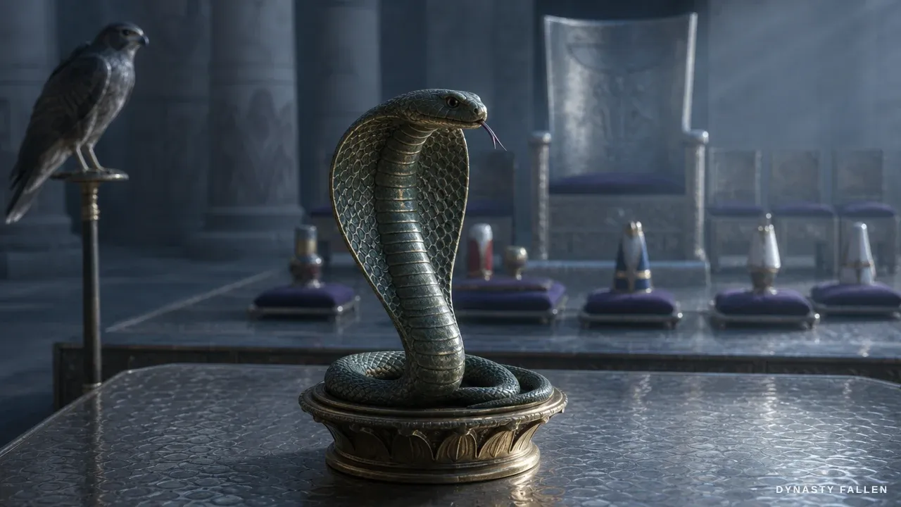 A live cobra Uraeus reared on a low bronze stand at the edge of the silver dais.