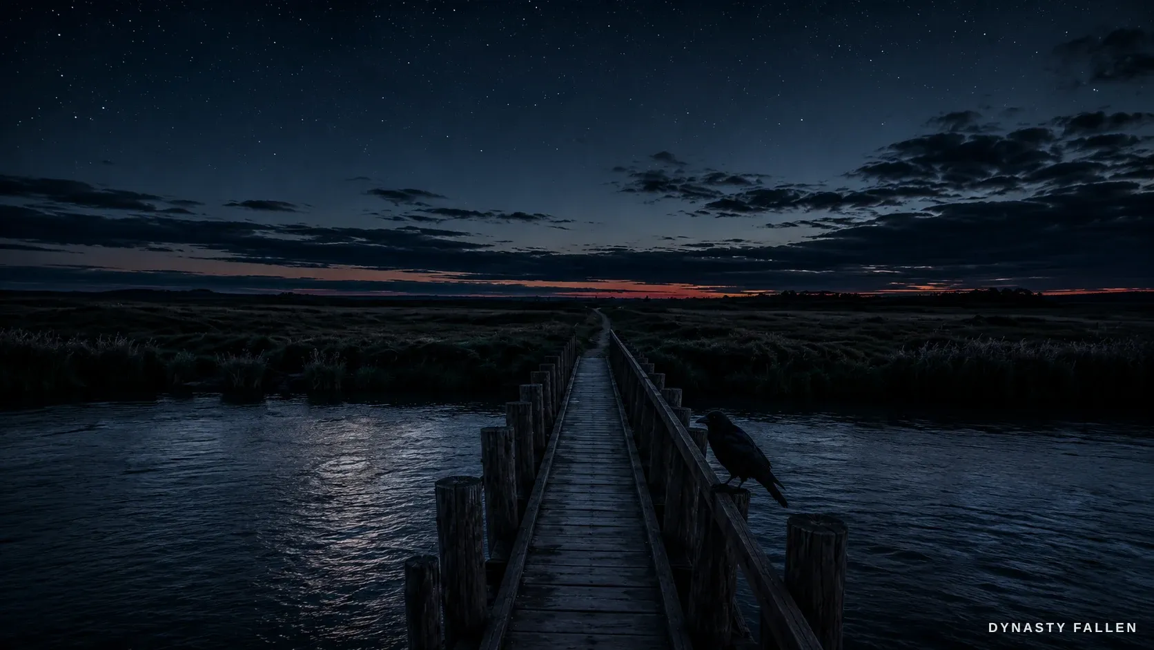 The empty wooden span at Stamford and the dark river beneath it, a raven settling on the rail after the stand is over.