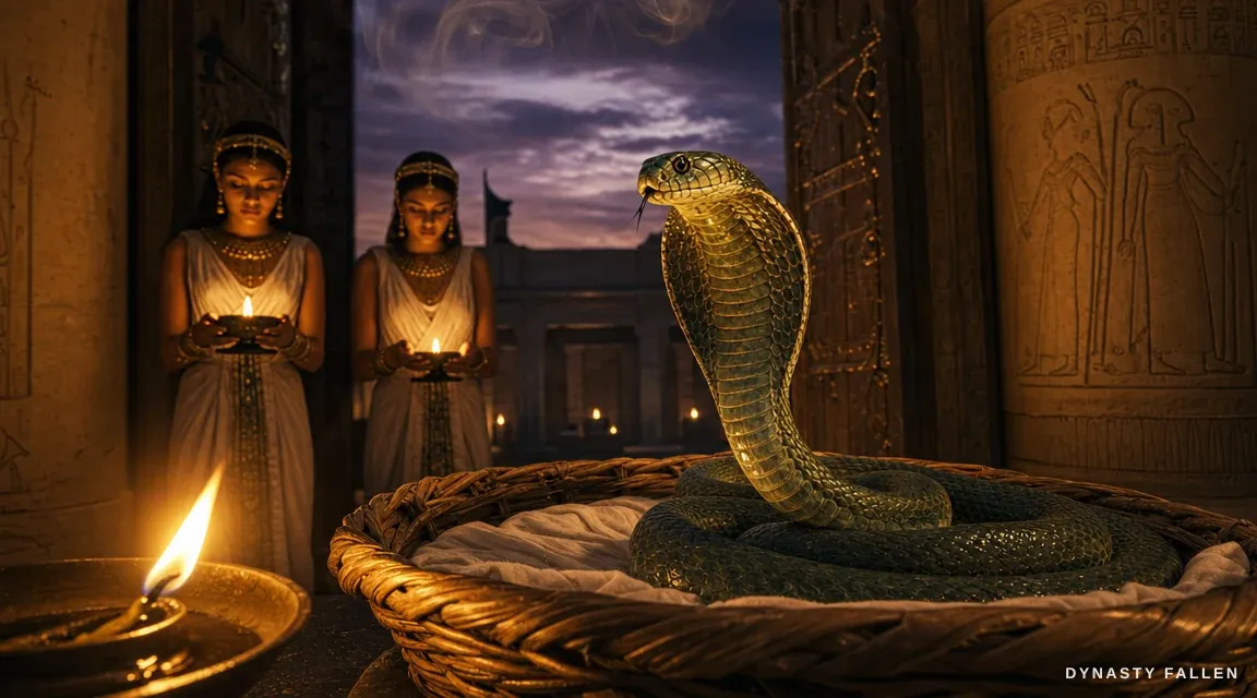 A live Egyptian cobra coiled on folded white linen at the threshold of the temple of Isis.
