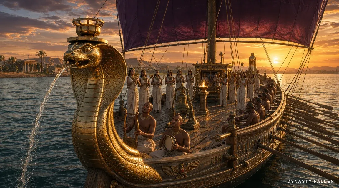 A gilded Wadjet cobra figure on the prow of the temple-ship on the Cydnus.