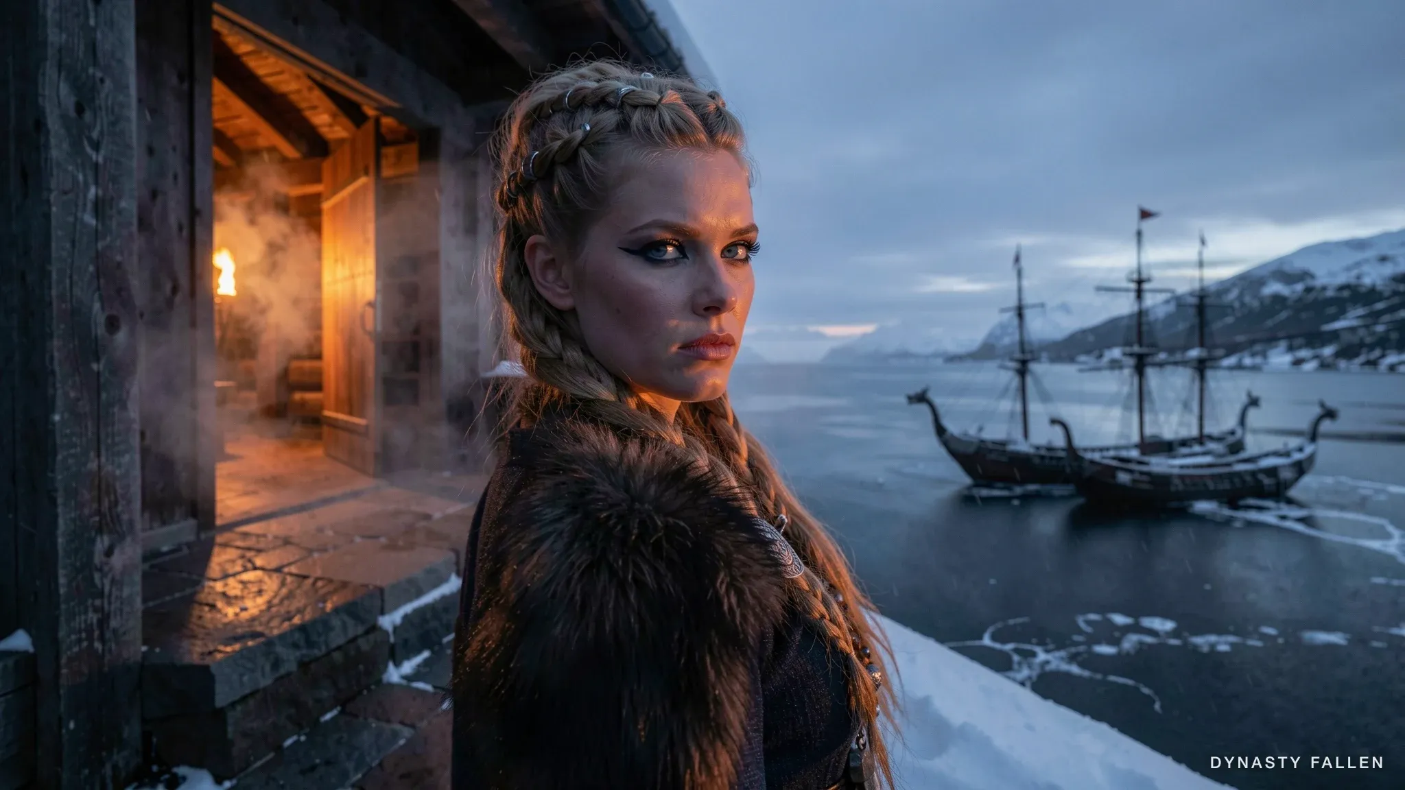 Sigrid on the stone porch of the longhouse, half-lit by the warm amber glow of the open doorway, cold dusk on her left side, eyes locked into the camera.