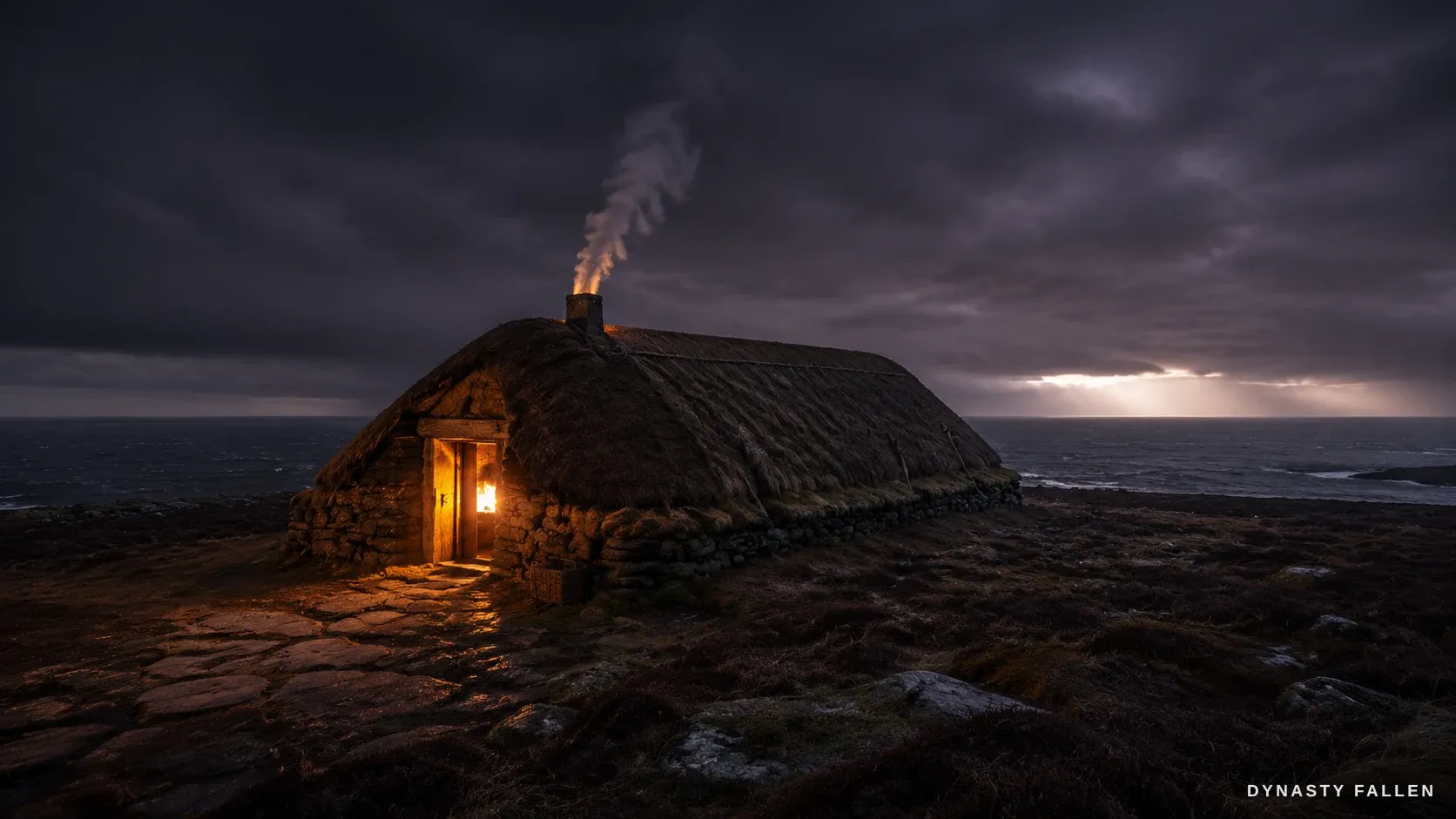 An exterior wide at dusk of the turf-and-stone longhouse, warm firelight flickering in the doorway as the light fails.