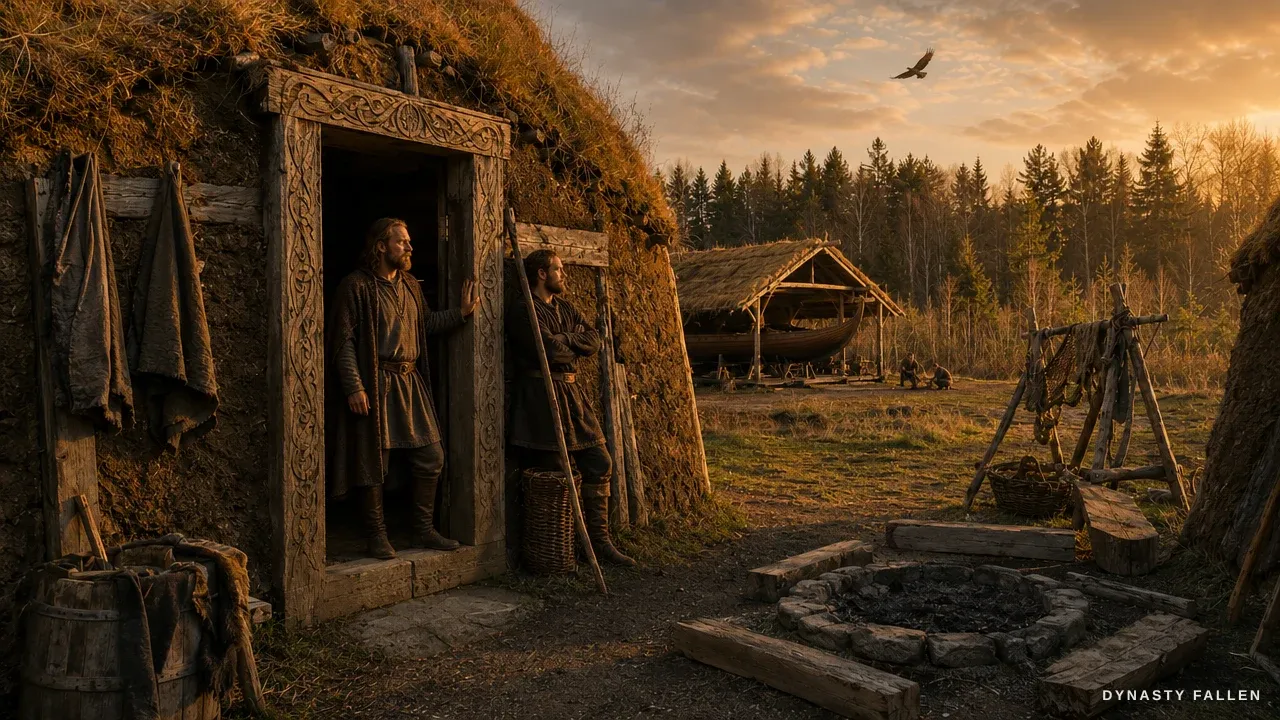 The Vinland camp spreads across a clearing under late‑aftern.