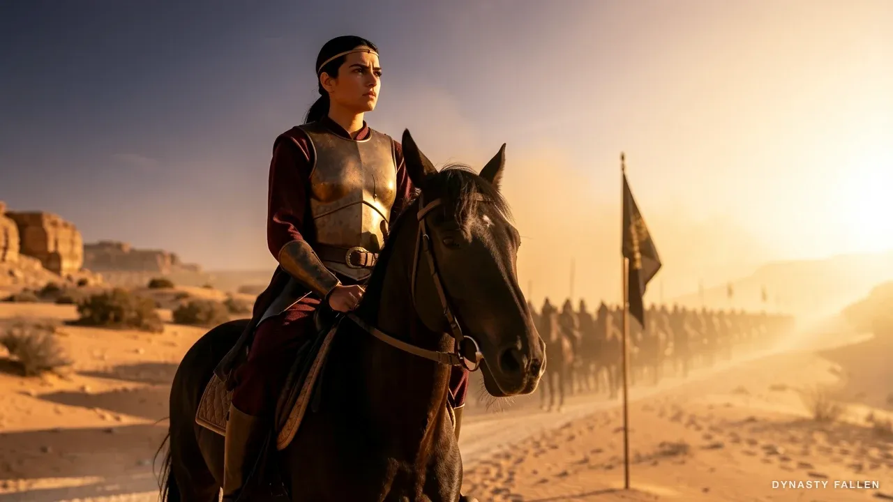 Zenobia armoured silhouetted at the head of the Palmyrene column, dark horse against a brightening dawn horizon.