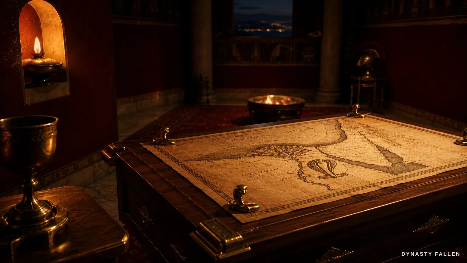 The cedar desk in Caesar's chamber, an unrolled map lit by a single amber lamp.