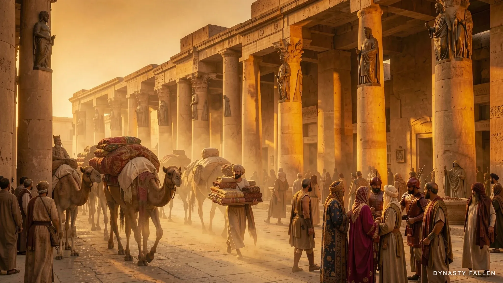 The Colonnade Street Golden from a low wide angle — the columns blazing in golden-hour light.