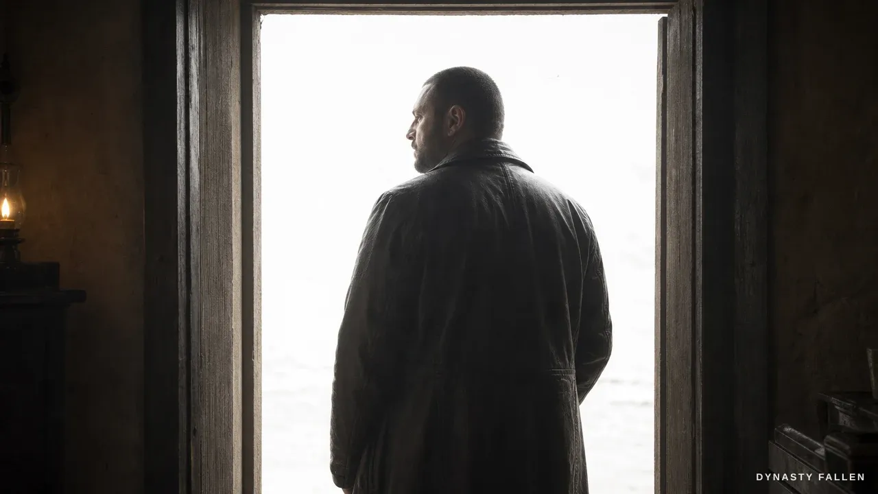 The commander of the execution squad silhouetted from behind in a bright doorway, face withheld, in a long leather coat.