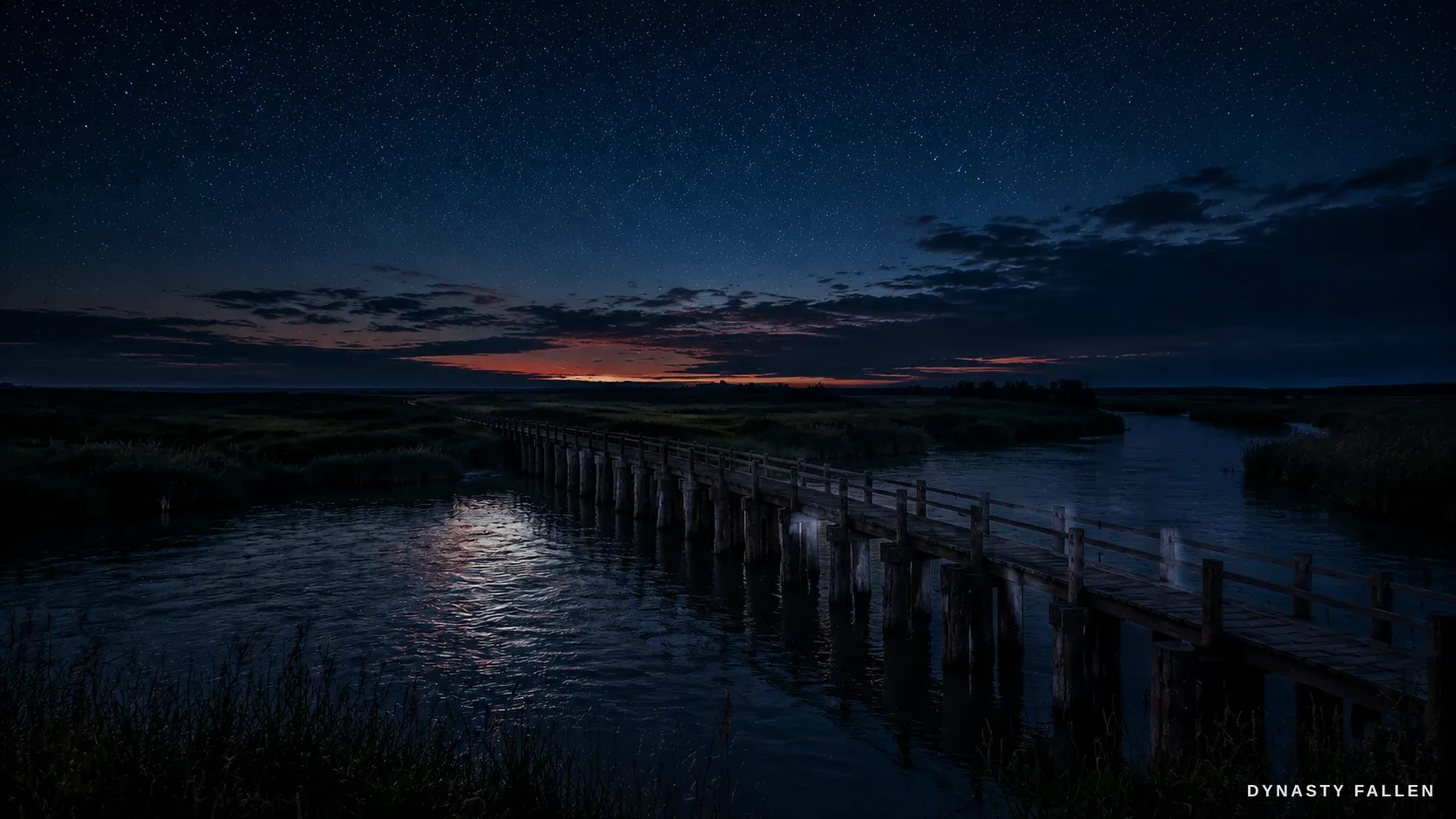A very wide of the empty wooden span and the dark river at last light, the water moving on toward the distant sea.