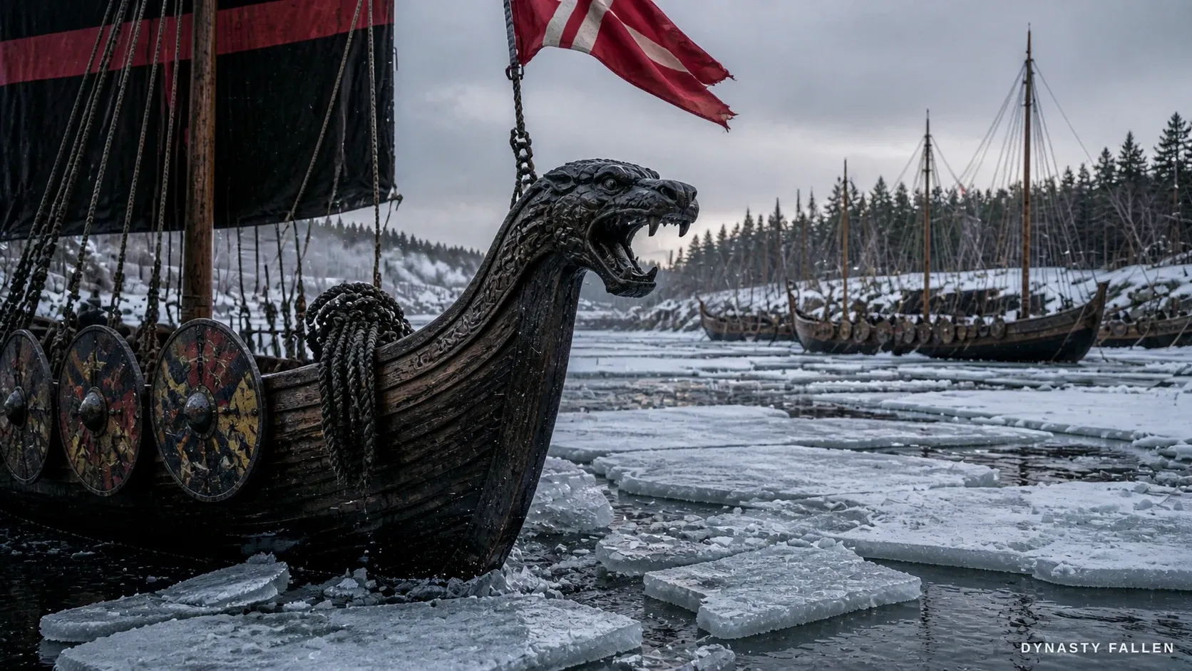 The carved dragon‑head prow of the longship grinds into the.