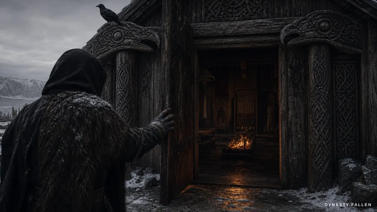 In front of Gunnhild Hall Mourning, the massive timber door.