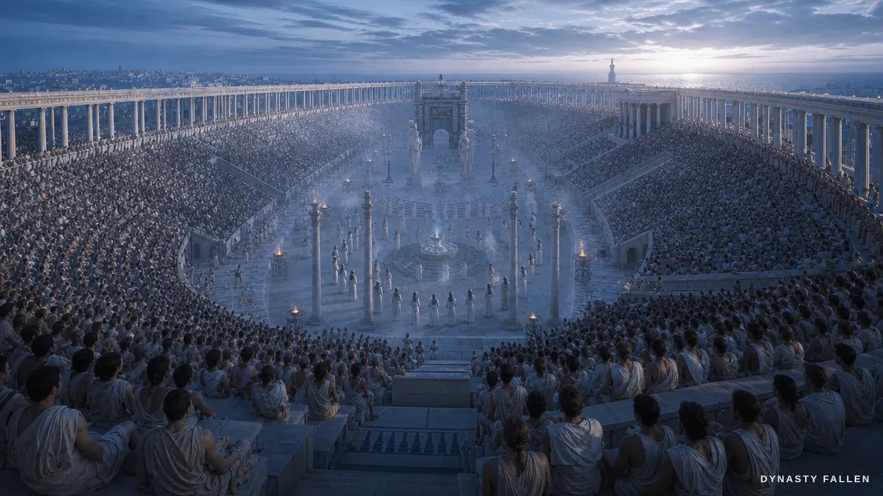 A high-angle view of the whole Gymnasium of Alexandria filled with tiered crowds.