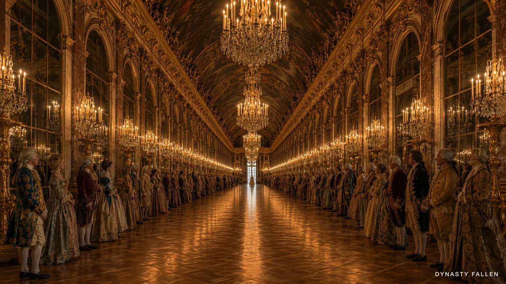 The 1780s Hall of Mirrors at the levee, ranked courtiers beneath the chandeliers at Versailles.