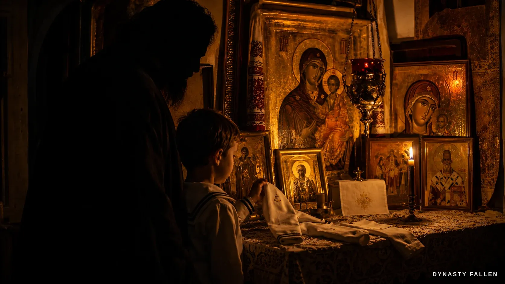 A soft amber icon-lamp casts warm light over gold-leaf icons in the palace icon-corner, a robed silhouette at the edge.