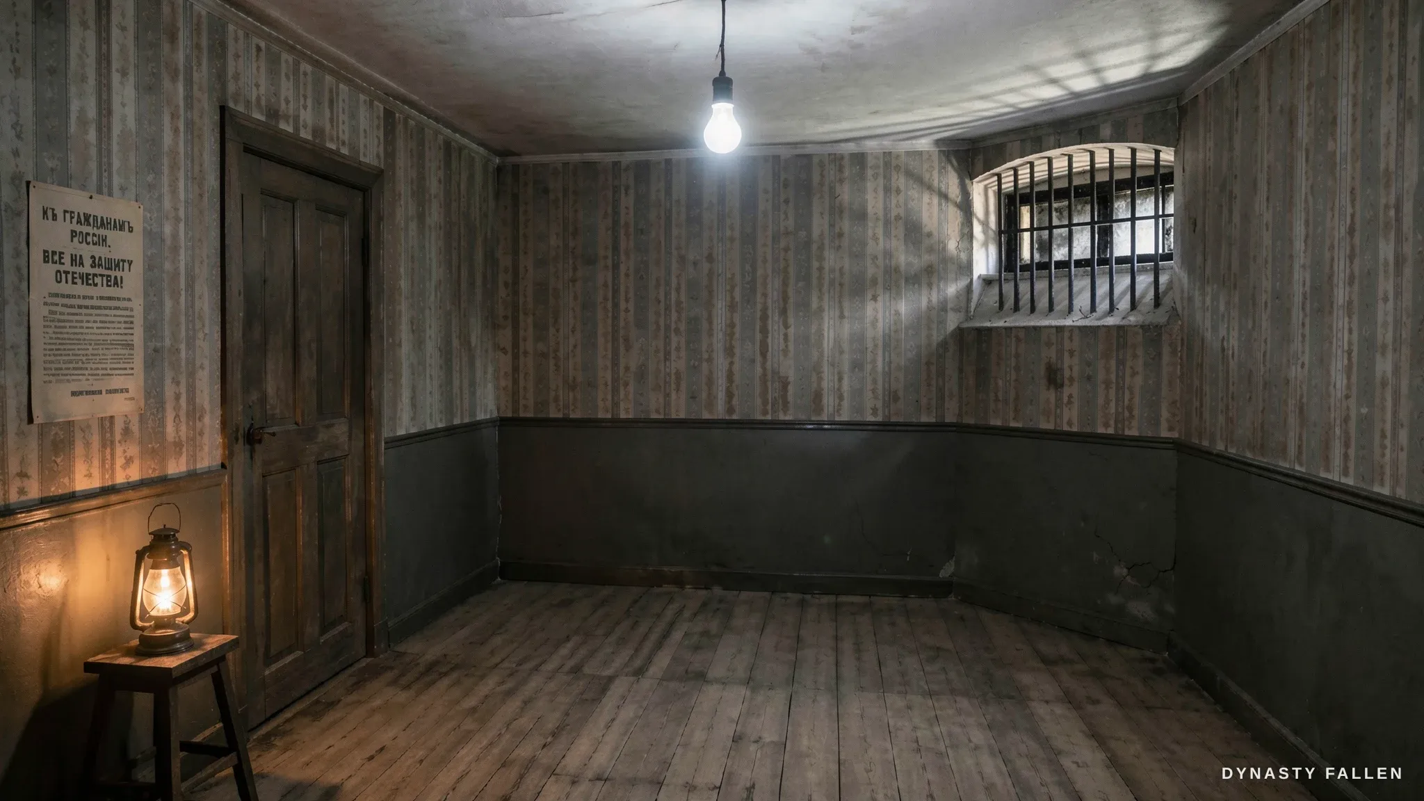 The empty Ipatiev House cellar — striped grey-green wallpaper above the dark wainscot, a single bare bulb.