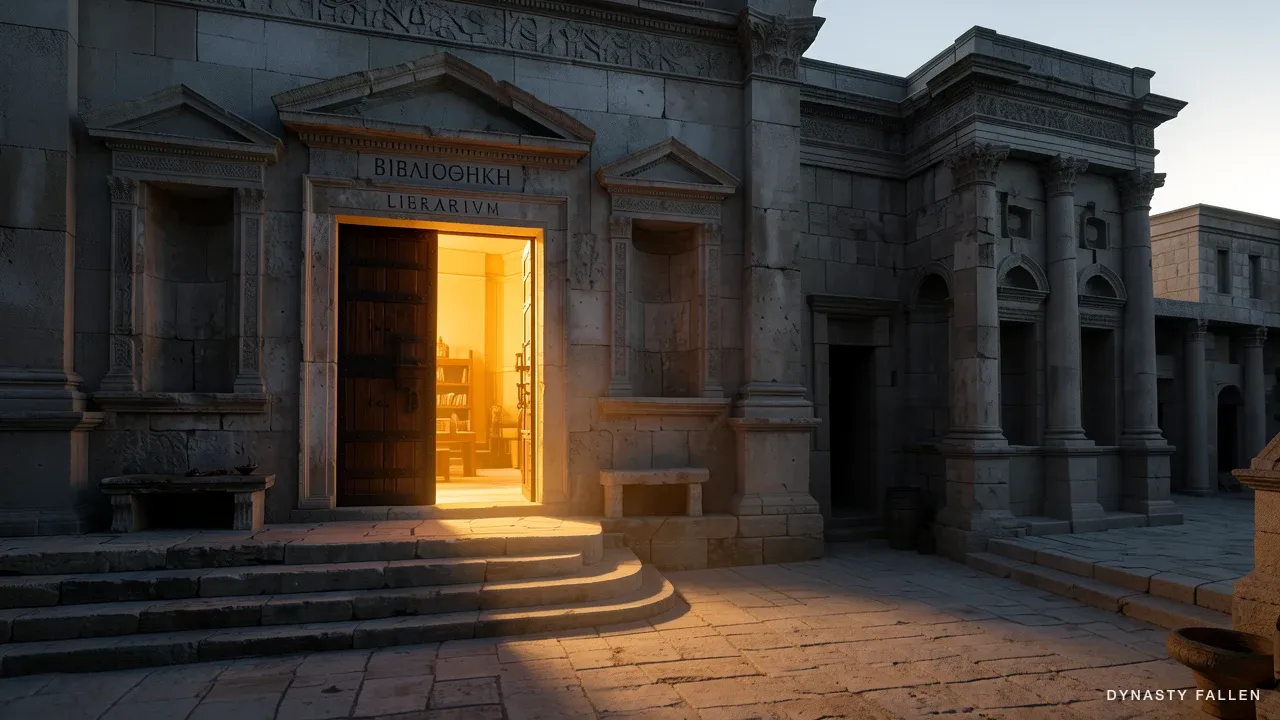 The heavy iron-banded wooden door of the library courtyard.