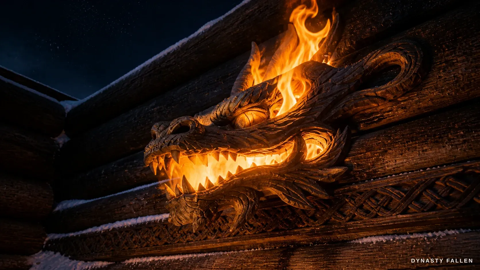 The carved dragon‑head beam dominates the upper corner of th.