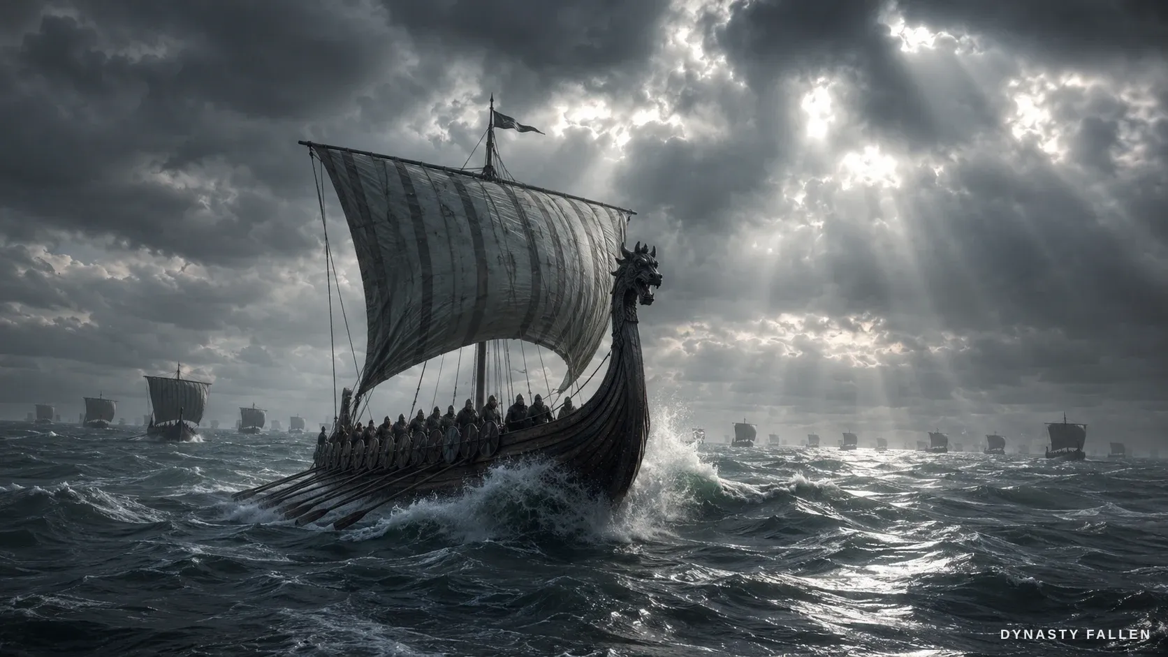 A single Norse longship cutting south through a heavy grey-green swell under an iron sky.