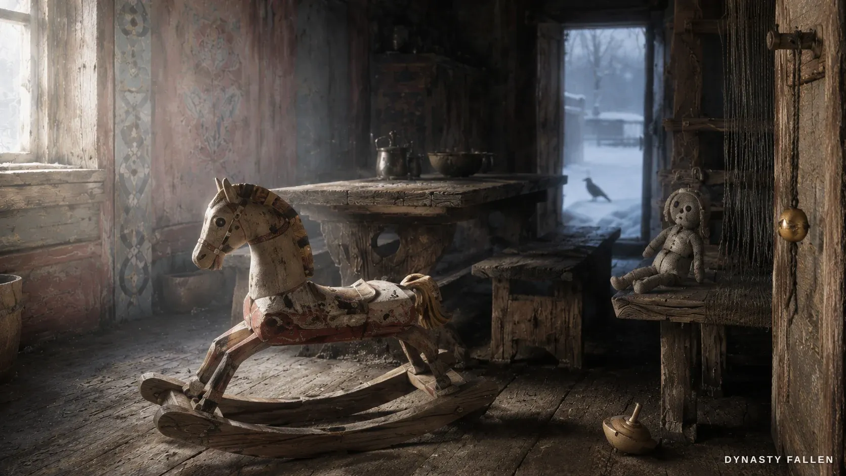 A tight close‑up of the carved wooden horse on rockers domin.