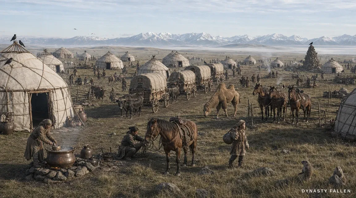 Aerial view of the Massagetae encampment at dawn — yurts, wagons and picket lines of horses across the open grass.