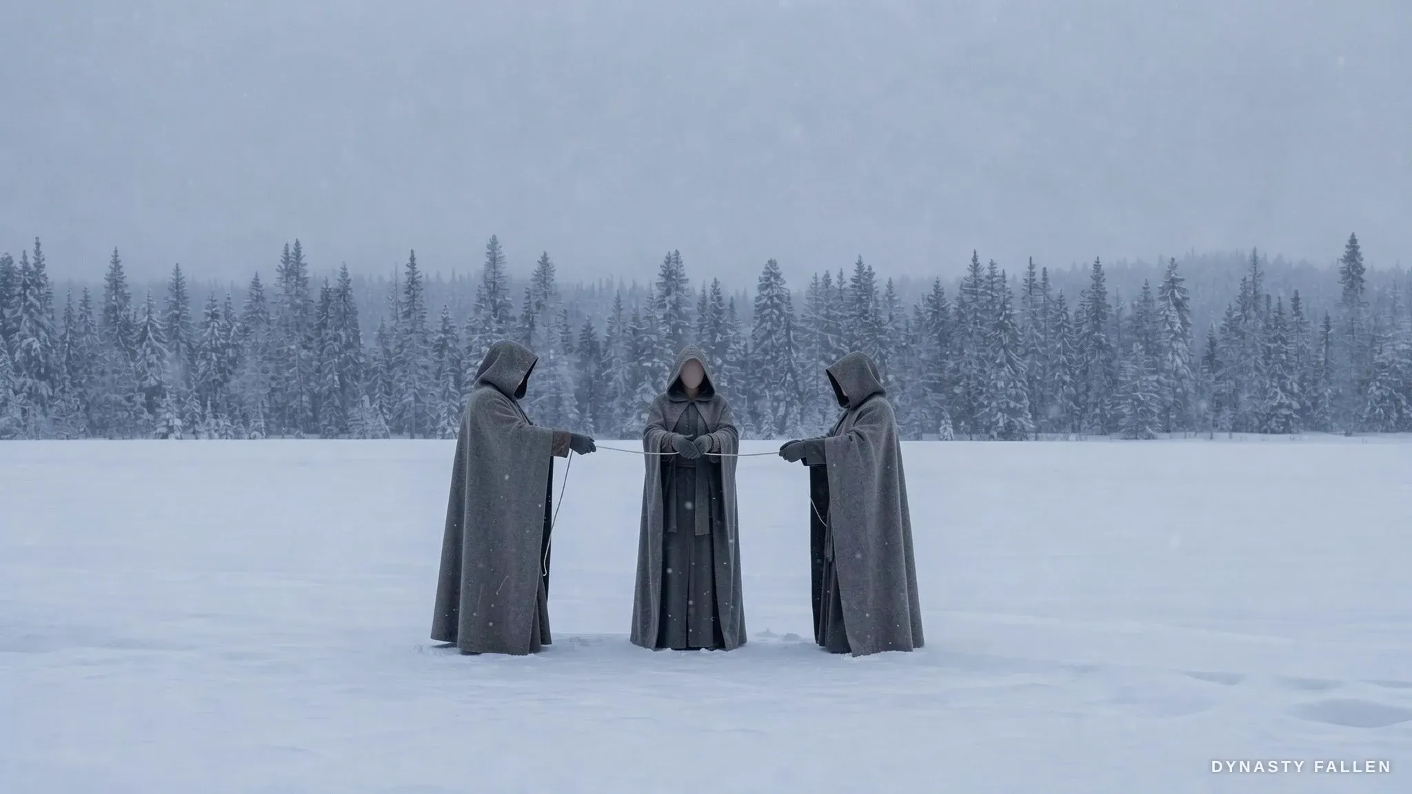 At the distant Norn Treeline, three hooded women stand in a.